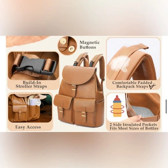 New Leather Diaper Backpack Bag with 12 Organizing Pouches,Changing Pad(Brown) - Picture 8 of 14